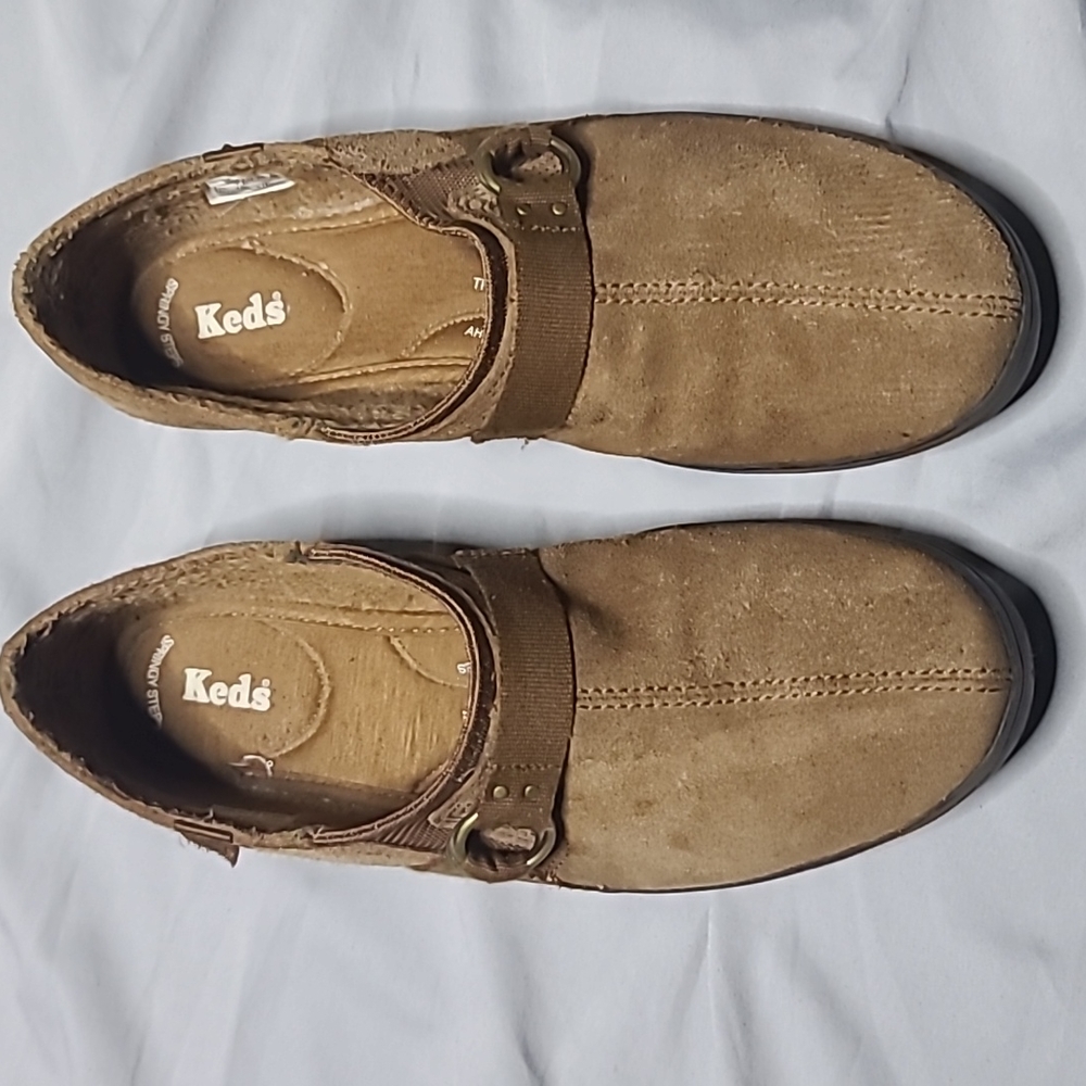 Keds Spring Step Tan camel brown genuine suede slip-on loafers flats size 9.5